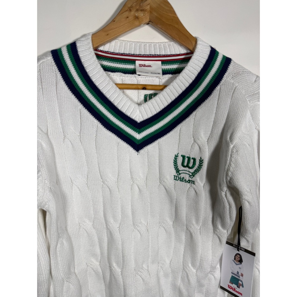 Wilson Kids White Cable Knit V-Neck Cricket Sweater XL 14/16 Green Navy Striped